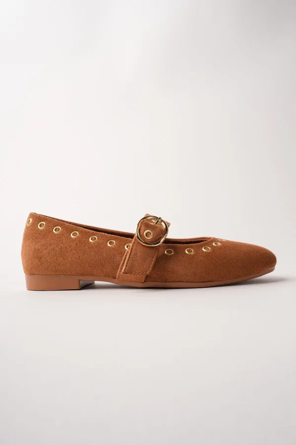 Muggo ZENA Gold Tokalı Zımbalı Deri Kadın Babet Ayakkabı