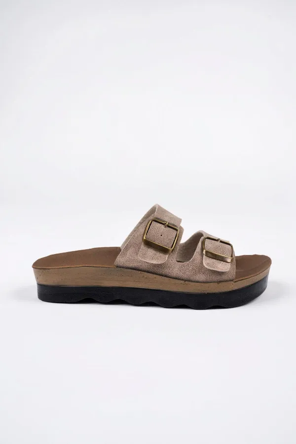 Muggo Lena Kadın Garantili Günlük Ortopedik Çift Bantlı Tokalı Kaymaz Taban Rahat Terlik