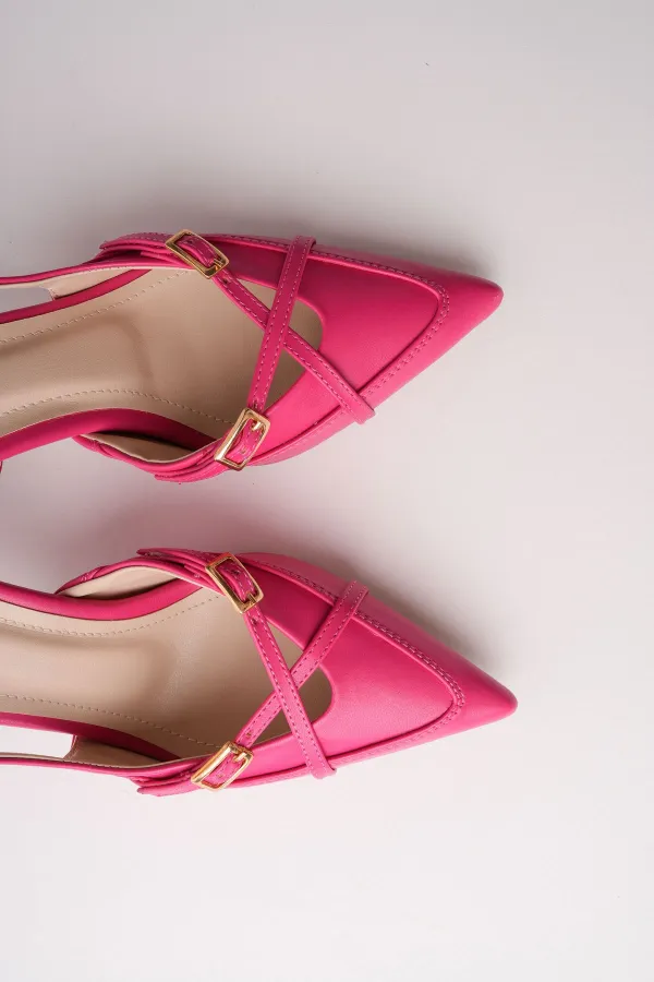 Muggo İCONS Sivri Burun Arkası Açık Kemer Detaylı İki Bantlı Kadın Topuklu Ayakkabı