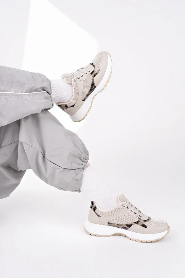 Muggo MELODY Kadın Kalın Taban Günlük Leopar Desenli Bağcıklı Sneaker Spor Ayakkabı