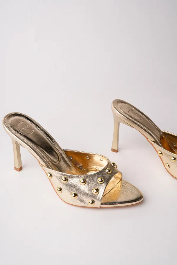 Muggo HELENA Women's Studded Pointed Toe Metal Detailed Stiletto Heeled Slippers