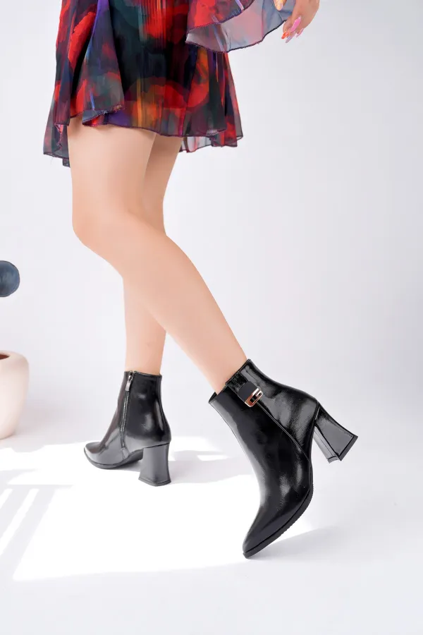 Bottes Muggo LUXERA pour femmes, bout pointu, avec boucle, fermeture éclair et talon épais.