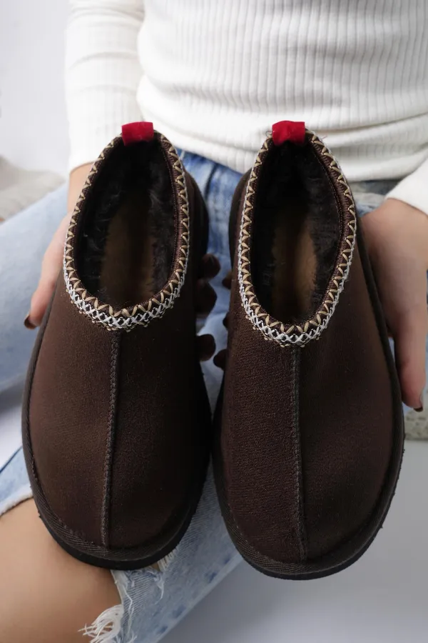 Muggo LİNG Garantili Kalın Taban Içi Tüylü Yuvarlak Burunlu Kadın Terlik