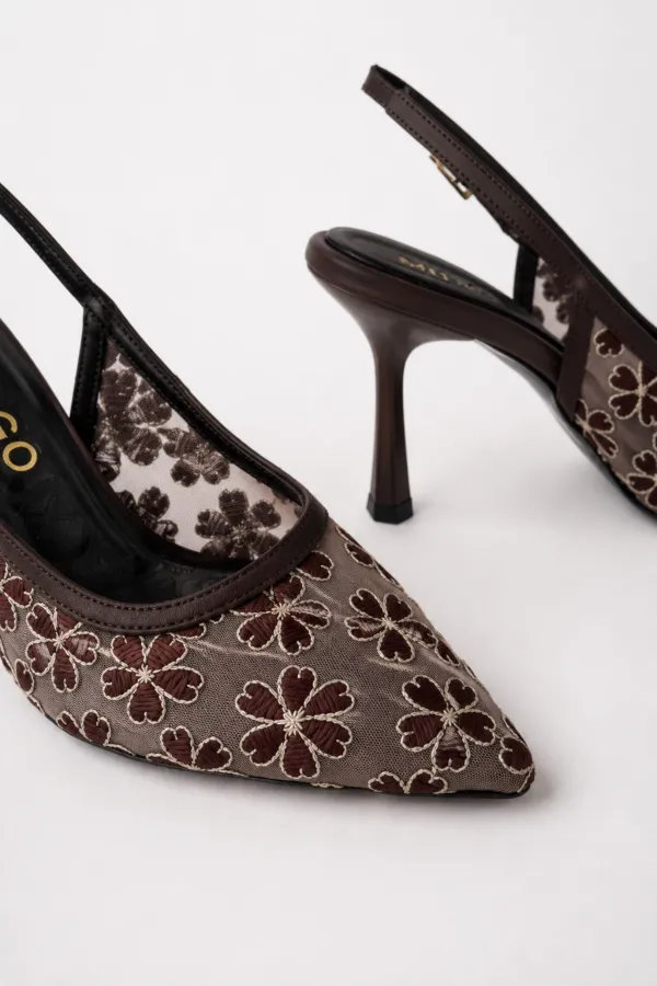 Muggo ARIS Lace Detail Pointed Toe Open Back Thin Heel Women's Dress Shoes