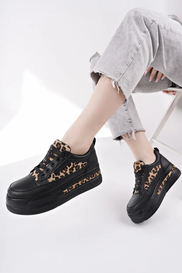 Muggo ZARİNA Kadın Kalın Taban Leopar Desenli Bağcıklı Günlük Sneaker Spor Ayakkabı