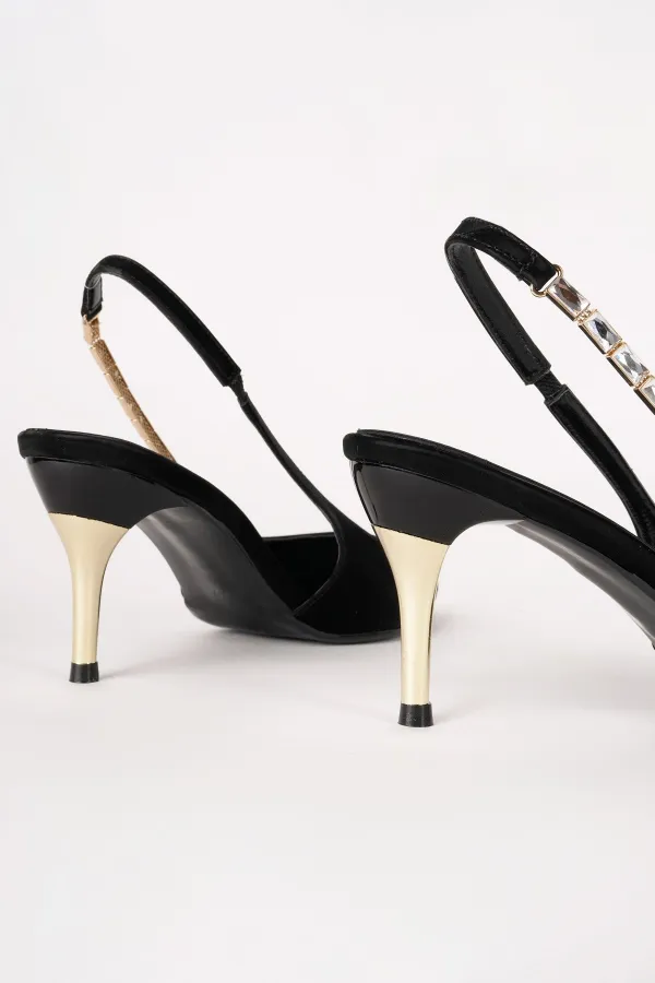 Muggo VİVARA Zincir Detaylı Sivri Burun Arkası Açık Kadın Topuklu Ayakkabı