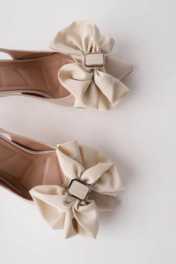 Muggo SISSY Satin Bow Buckle Pointed Toe Open Back Women's High Heels