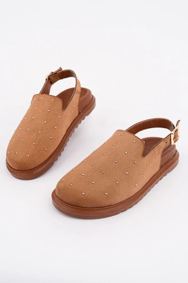 Muggo LİLOW Süet Deri Gold Zımbalı Ayarlanabilir Tokalı Günlük Rahat Önü Kapalı Kadın Sandalet