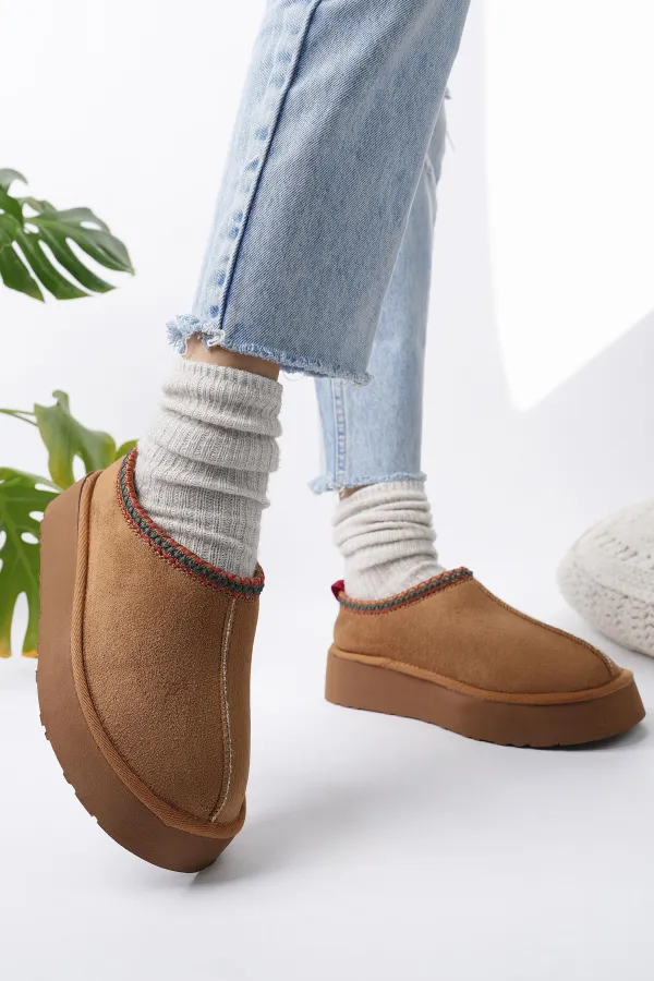 Muggo LİNG Garantili Kalın Taban Içi Tüylü Yuvarlak Burunlu Kadın Terlik