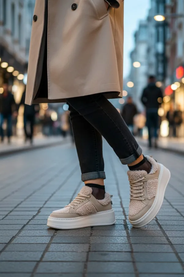 Chaussures de sport d'hiver pour femmes Muggo FLEECY à semelle épaisse et lacets, ornées de détails en peluche