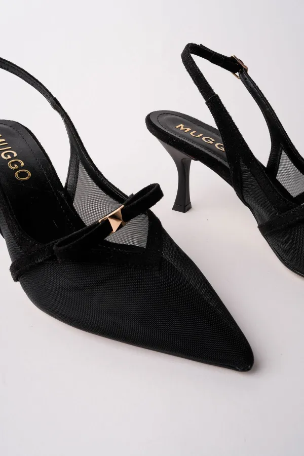 Muggo LOVER Women's Pointed Toe Open Back High Heel Shoes with Mesh Bow Detail