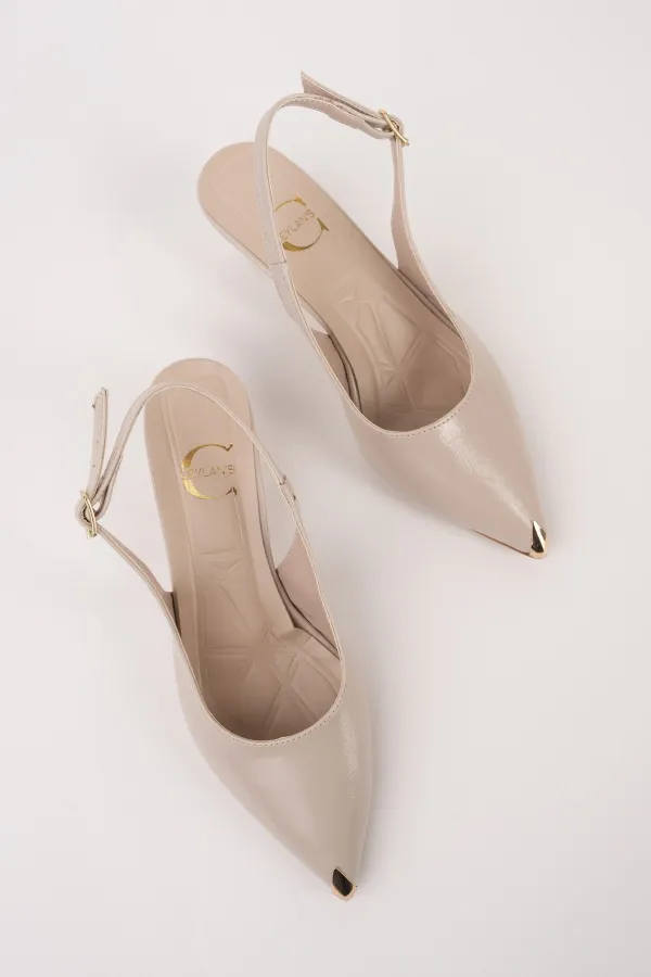 Muggo VUXIA Pointed Toe Metal Toe Detail Open Back Women's High Heel Shoes