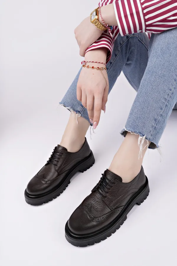 Muggo AMOUR  Bağcıklı Hakiki Deri Kalın Taban Günlük Casual Makosen Kadın Loafer Ayakkabı