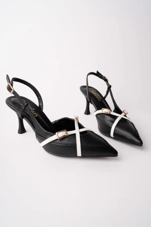 Muggo İCONS Sivri Burun Arkası Açık Kemer Detaylı İki Bantlı Kadın Topuklu Ayakkabı