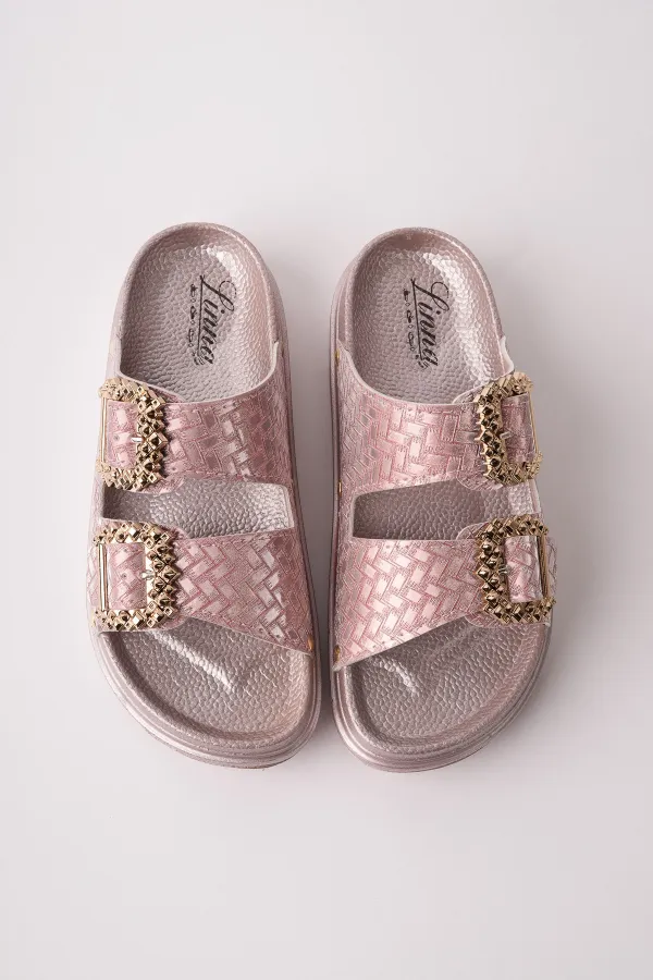 Muggo GLITZA Shiny Textured Double Buckle Casual Women's Slippers Muggo GLITZA Shiny Textured Double Buckle Casual Women's Slippers