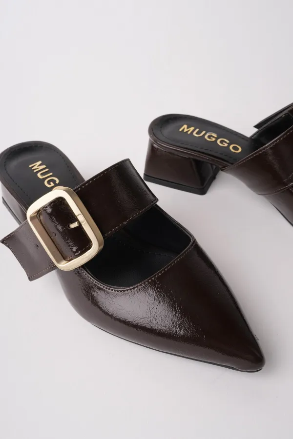 Muggo DESTİNY Gold Tokalı Tek Bant Sivri Burun Kadın Topuklu Terlik