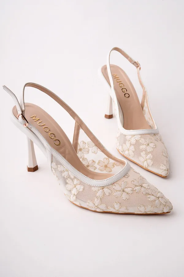 Muggo ARIS Lace Detail Pointed Toe Open Back Thin Heel Women's Dress Shoes