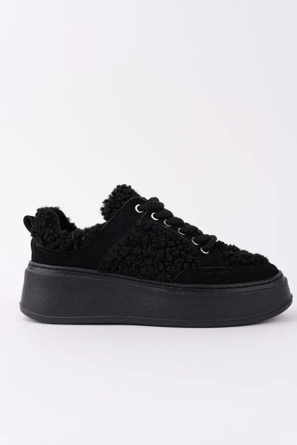 Chaussures de sport d'hiver pour femmes Muggo FLEECY à semelle épaisse et lacets, ornées de détails en peluche