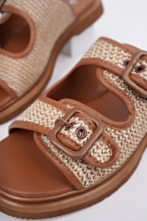 Muggo SARLE Çift Bantlı Ayarlanabilir Kemerli Kadın Günlük Hasır Terlik