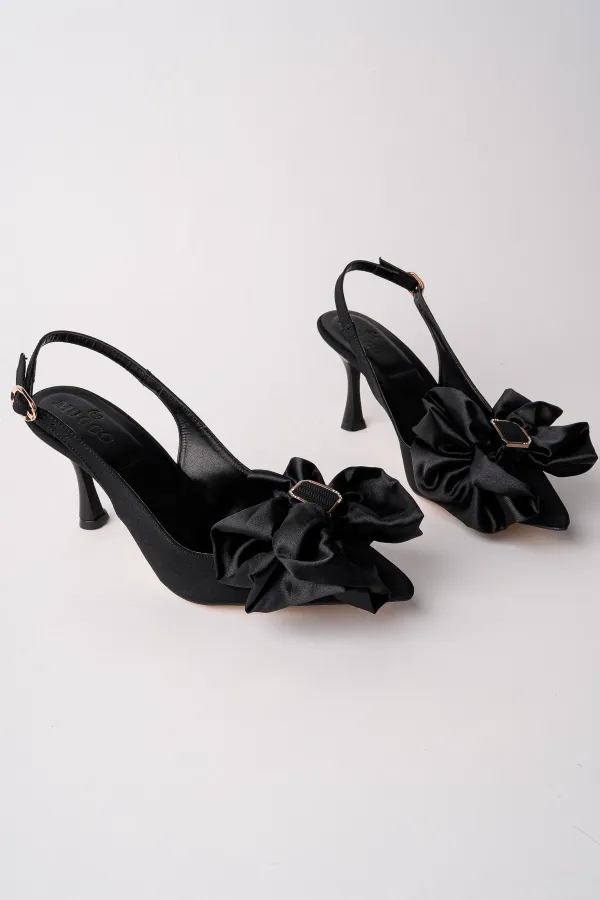Muggo SISSY Satin Bow Buckle Pointed Toe Open Back Women's High Heels