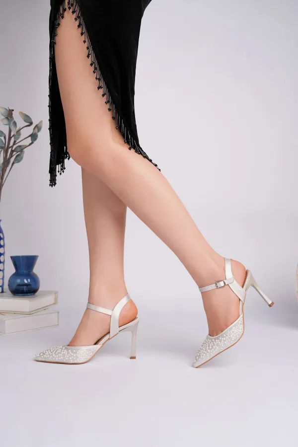 Muggo CLUJ Pearl Embellished Pointed Toe Ankle Strap Women's Dress High Heels