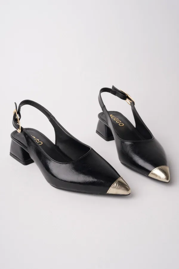 Chaussures à talons bas pour femmes Muggo CHANCE, bout pointu doré et talon ouvert à l'arrière, avec détail sur les orteils