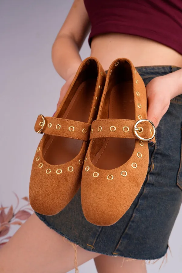 Muggo ZENA Gold Tokalı Zımbalı Deri Kadın Babet Ayakkabı