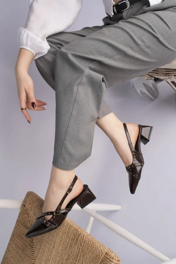 Chaussures à talons bas pour femmes Muggo JOLY, bout pointu et talon ouvert, avec accessoires métalliques