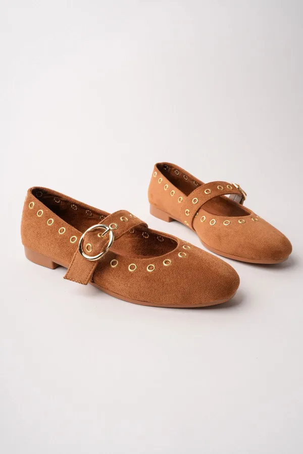 Muggo ZENA Gold Tokalı Zımbalı Deri Kadın Babet Ayakkabı