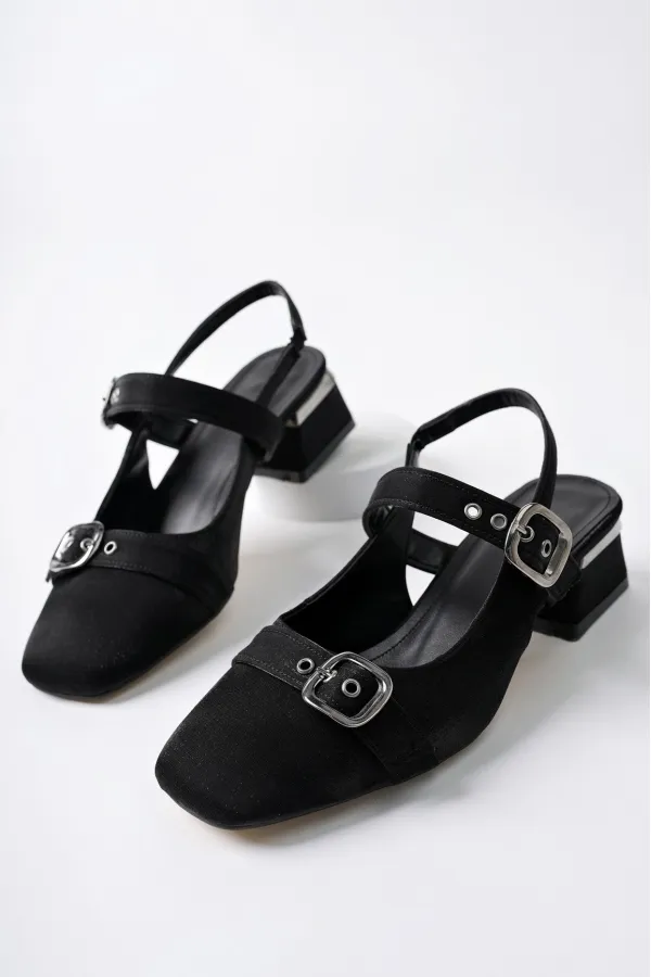 Muggo GİGİ Arkası Açık Küt Burun Çift Kemerli Kadın Günlük Klasik Kısa Topuklu Ayakkabı