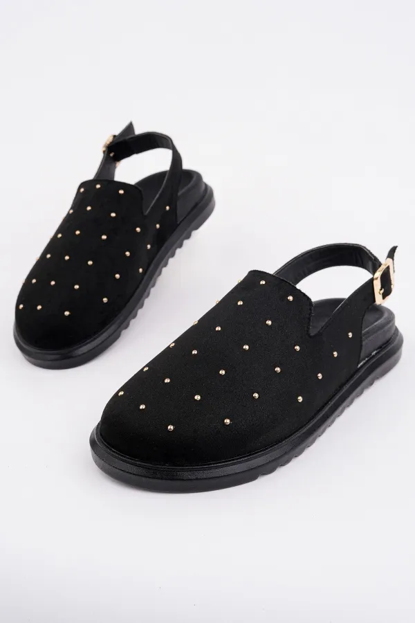 Muggo LİLOW Süet Deri Gold Zımbalı Ayarlanabilir Tokalı Günlük Rahat Önü Kapalı Kadın Sandalet