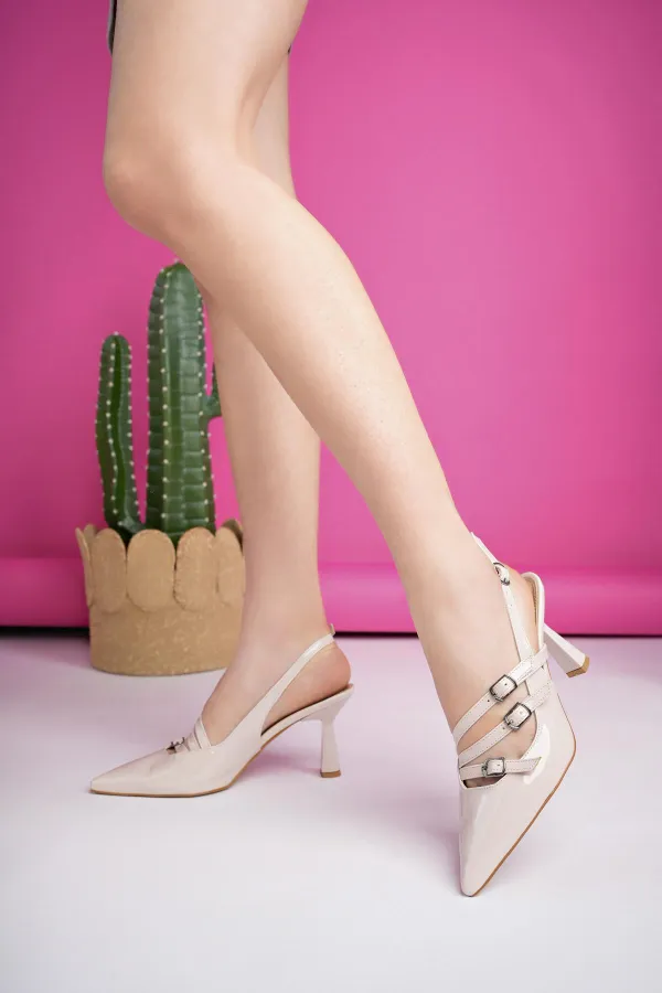 Muggo KİDMAN Garantili Arkası Açık Kemer Detaylı Üç Bantlı Rugan Kadın Topuklu Ayakkabı