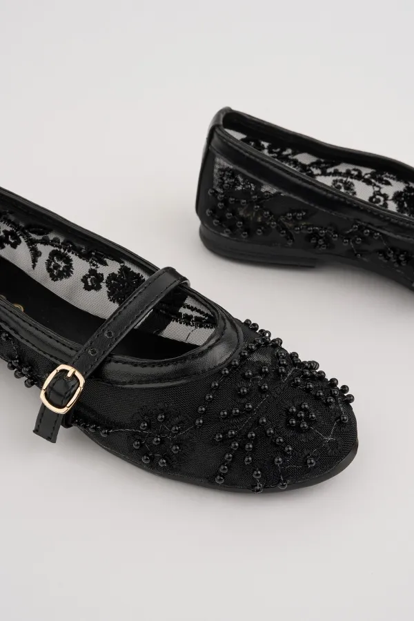 Muggo LACE Women's Mesh Detail Beaded Strappy Stylish Casual Ballet Flats Muggo LACE Women's Mesh Detail Beaded Strappy Stylish Casual Ballet Flats