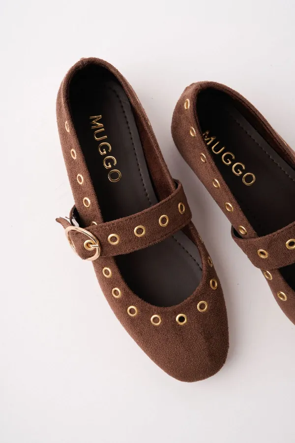 Muggo ZENA Gold Tokalı Zımbalı Deri Kadın Babet Ayakkabı