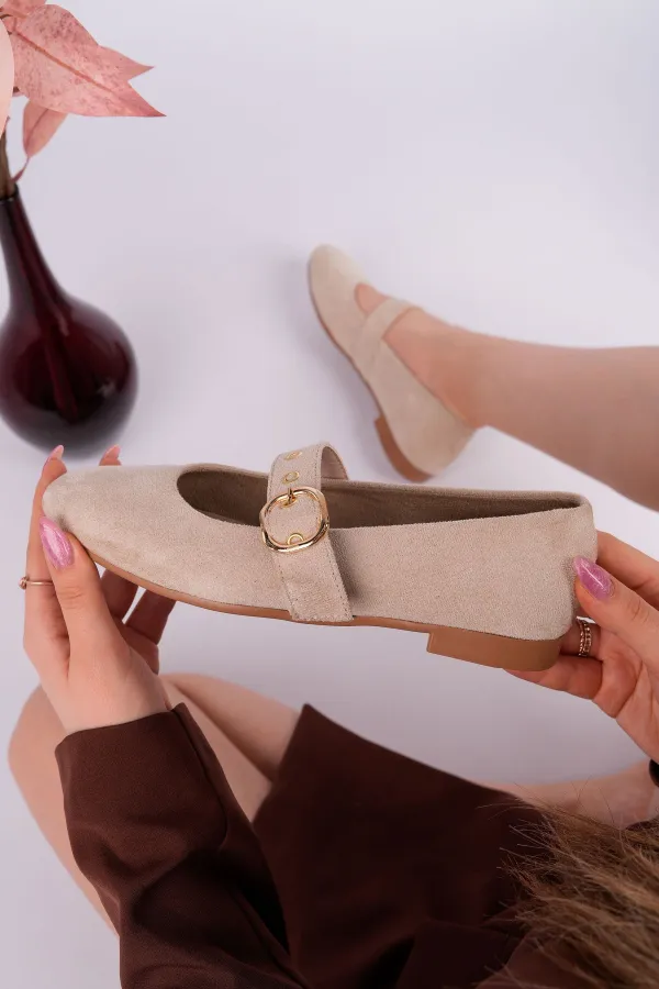 Muggo HALSEY Gold Tokalı Deri Kadın Babet Ayakkabı