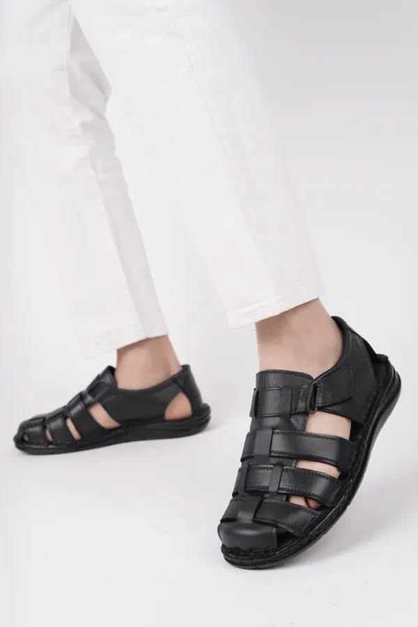 Sandales orthopédiques décontractées pour hommes Muggo Edinburgh, en cuir véritable, confortables et à semelle souple, garanties par la marque Edinburgh.