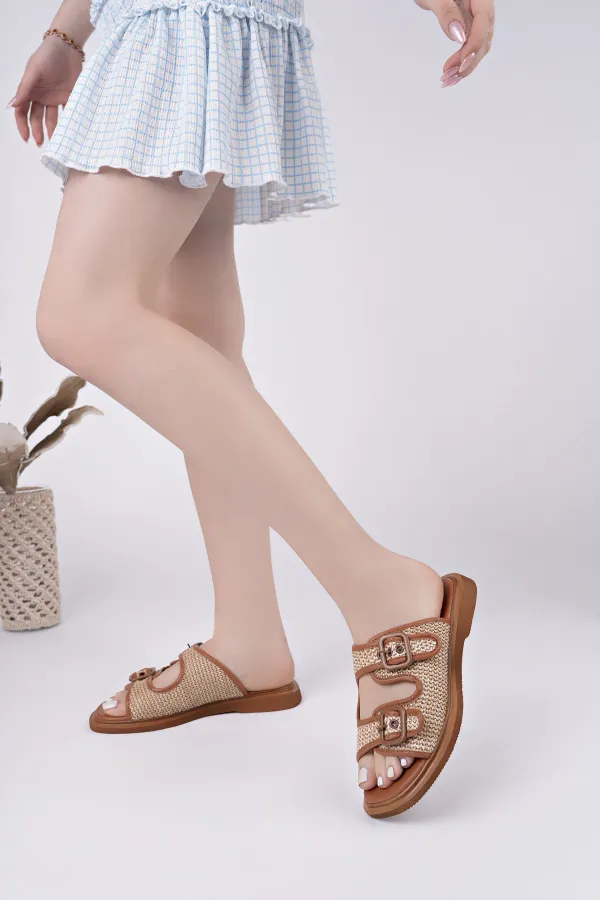 Muggo SARLE Çift Bantlı Ayarlanabilir Kemerli Kadın Günlük Hasır Terlik