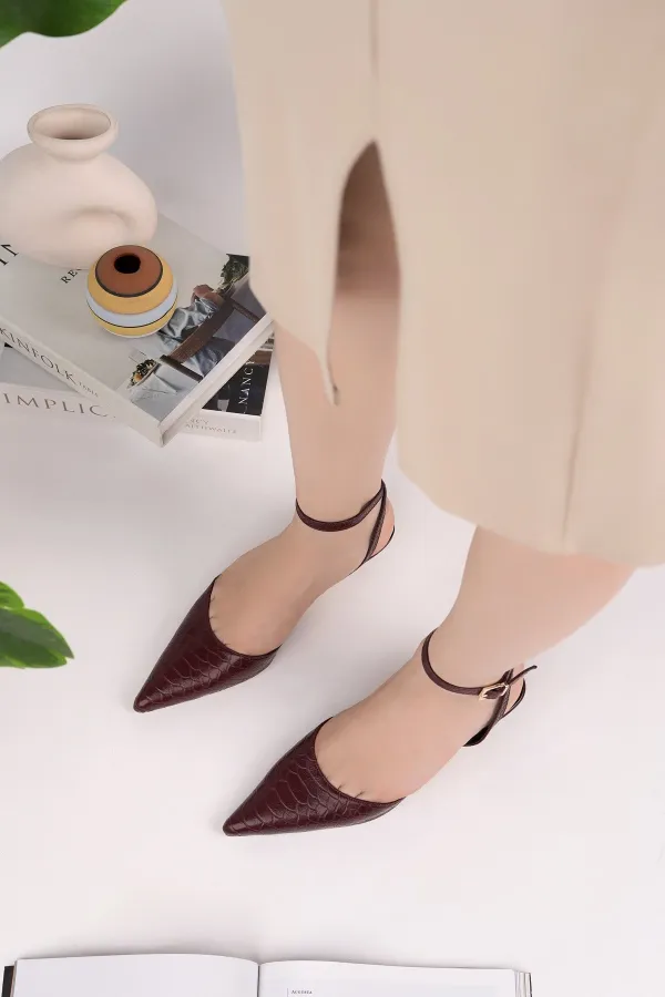 Muggo KICK Women's Crocodile Pattern Pointed Toe Thin Heel Ankle Strap Shoes