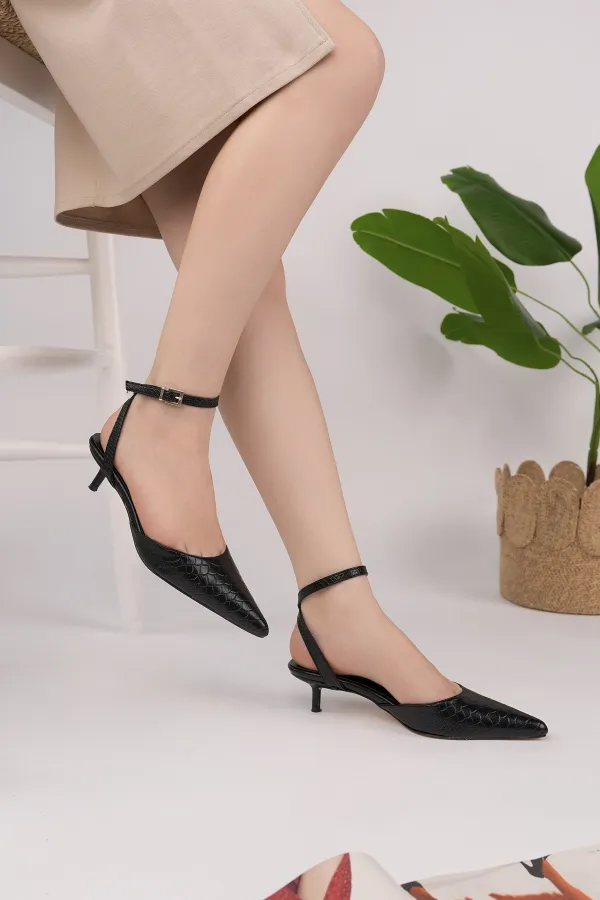 Muggo KICK Women's Crocodile Pattern Pointed Toe Thin Heel Ankle Strap Shoes