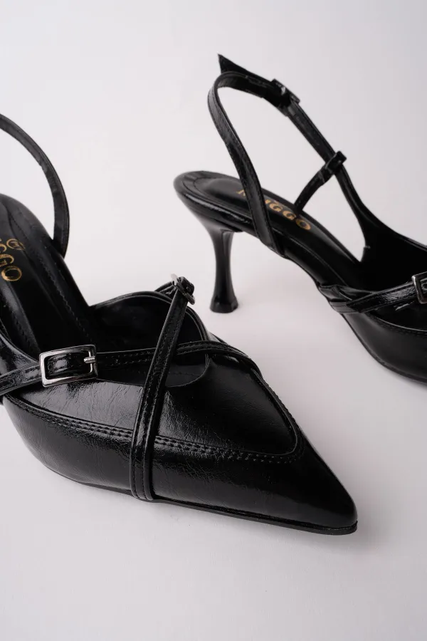 Muggo ICONS Pointed Toe Open Back Belt Detail Two Strap Women's High Heel Shoes