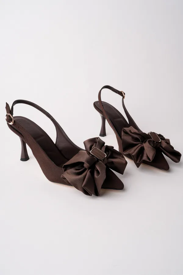 Muggo SISSY Satin Bow Buckle Pointed Toe Open Back Women's High Heels