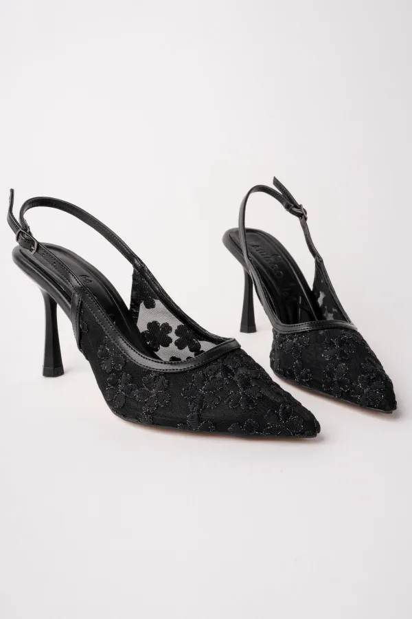 Muggo ARIS Lace Detail Pointed Toe Open Back Thin Heel Women's Dress Shoes