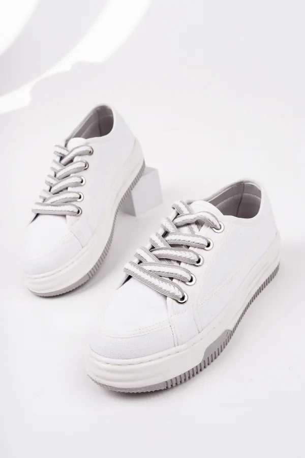 Muggo CARİNA Kalın Taban Keten Kumaş Bağcıklı Kadın Günlük Sneaker Spor Ayakkabı