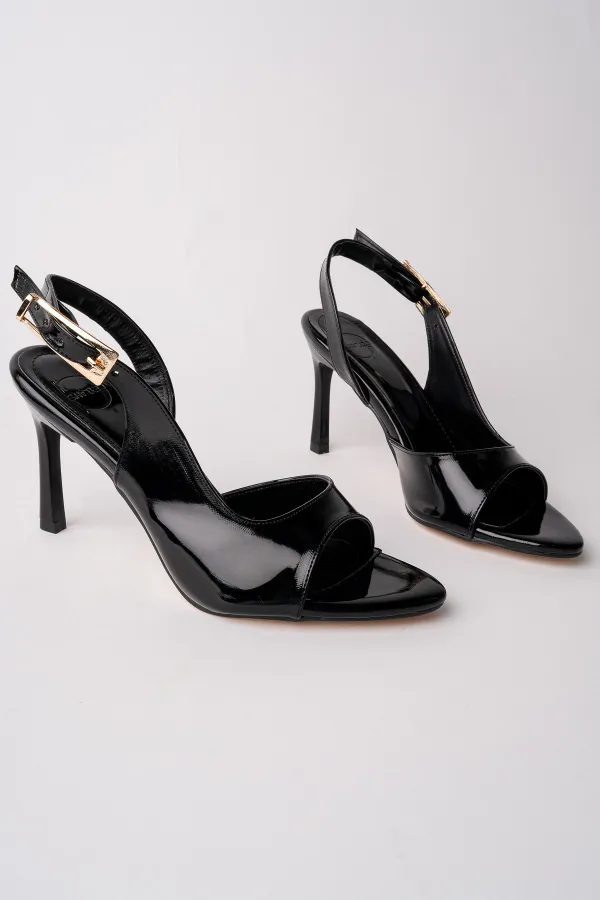 Muggo PURELINE Patent Leather Pointed Toe Thin Heel Open Back Women's High Heels