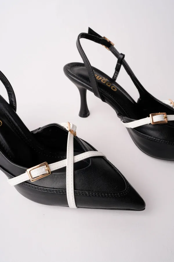 Muggo ICONS Pointed Toe Open Back Belt Detail Two Strap Women's High Heel Shoes