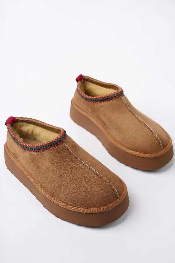 Muggo LİNG Garantili Kalın Taban Içi Tüylü Yuvarlak Burunlu Kadın Terlik