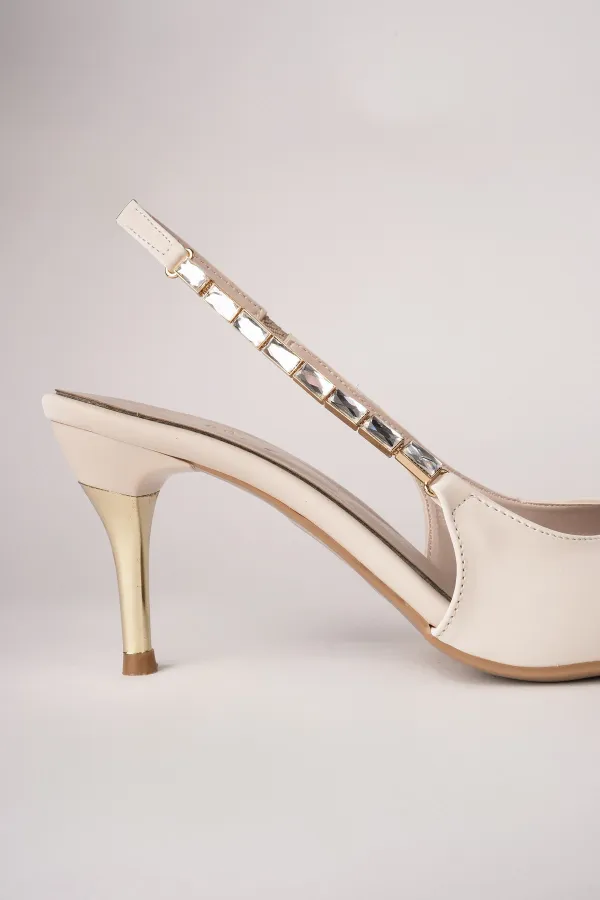 Muggo VİVARA Zincir Detaylı Sivri Burun Arkası Açık Kadın Topuklu Ayakkabı