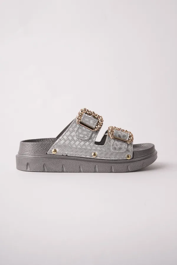 Muggo GLITZA Shiny Textured Double Buckle Casual Women's Slippers Muggo GLITZA Shiny Textured Double Buckle Casual Women's Slippers