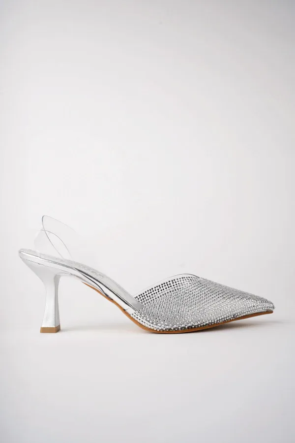 Muggo JULİET Garantili Kadın Sivri Burun Parlak Taşlı Arkası Açık Şeffaf Bantlı Topuklu Ayakkabı