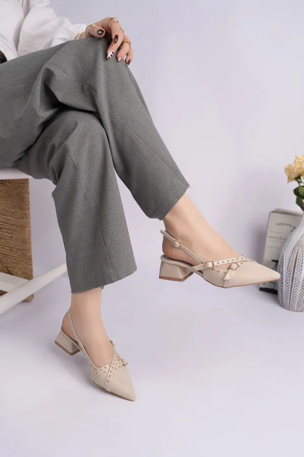Chaussures à talons bas pour femmes Muggo JOLY, bout pointu et talon ouvert, avec accessoires métalliques